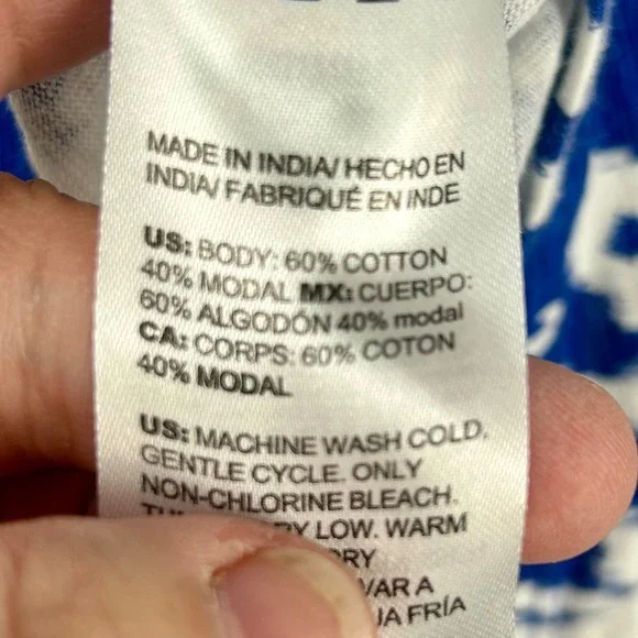 Chicos Size 3 XL Blue White Ikat Print Puff Sleeve Top Shirt Cotton Blend Boho‎ - Picture 8 of 8